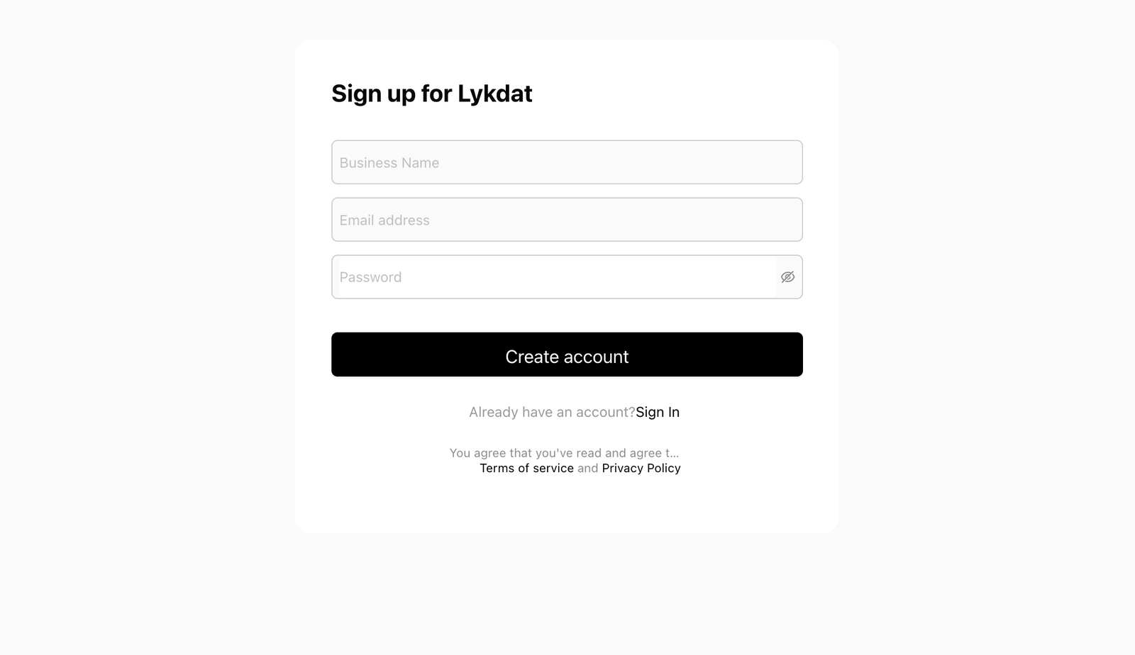 Lykdat Console's signup page